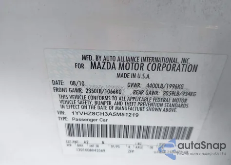 2010 Mazda Mazda6 I Touring Plus z USA, uszkodzony, nr VIN 1YVHZ8CH3A5M51219